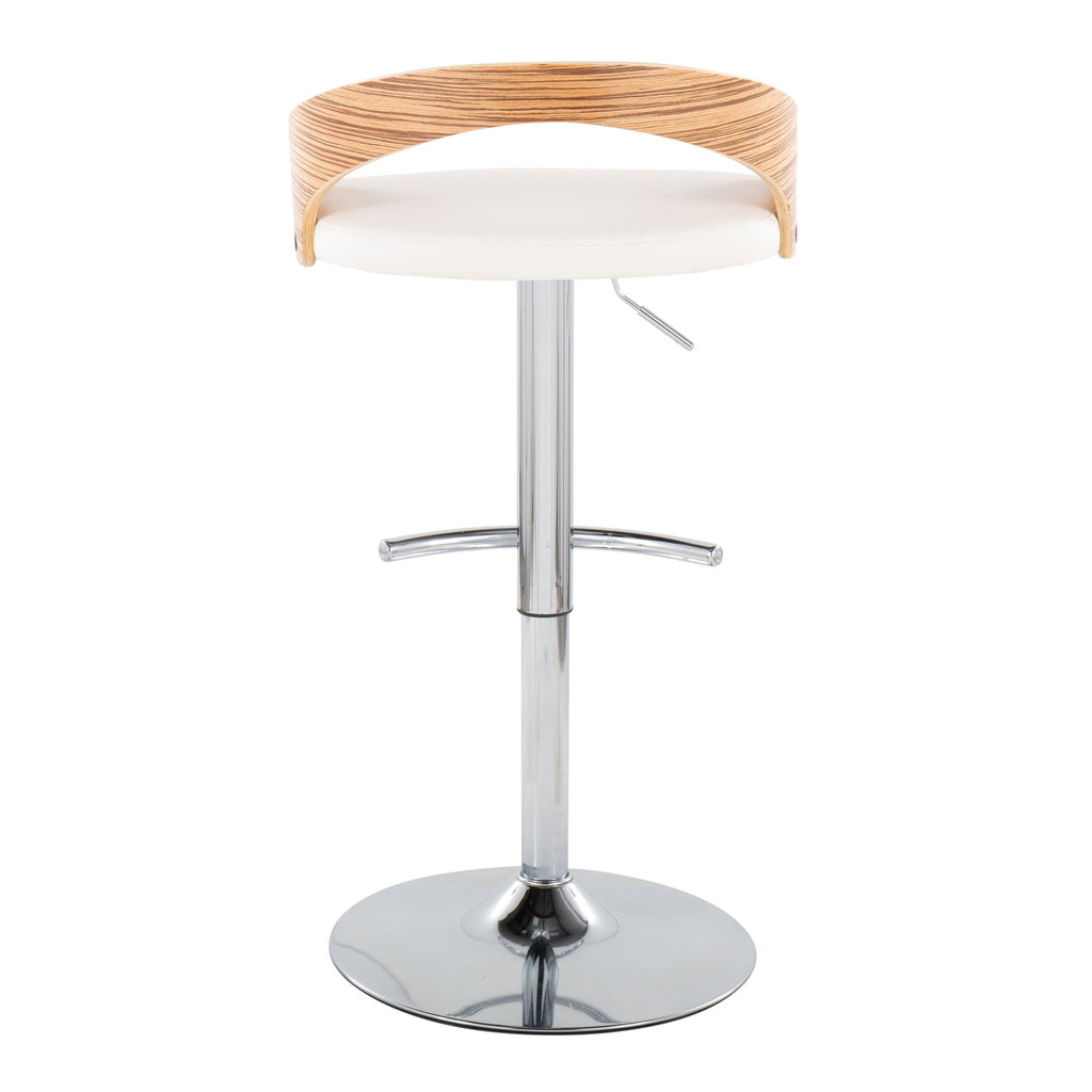Grotto Adjustable Barstool - Set of 3 - Chrome Metal, Zebra Wood, White PU