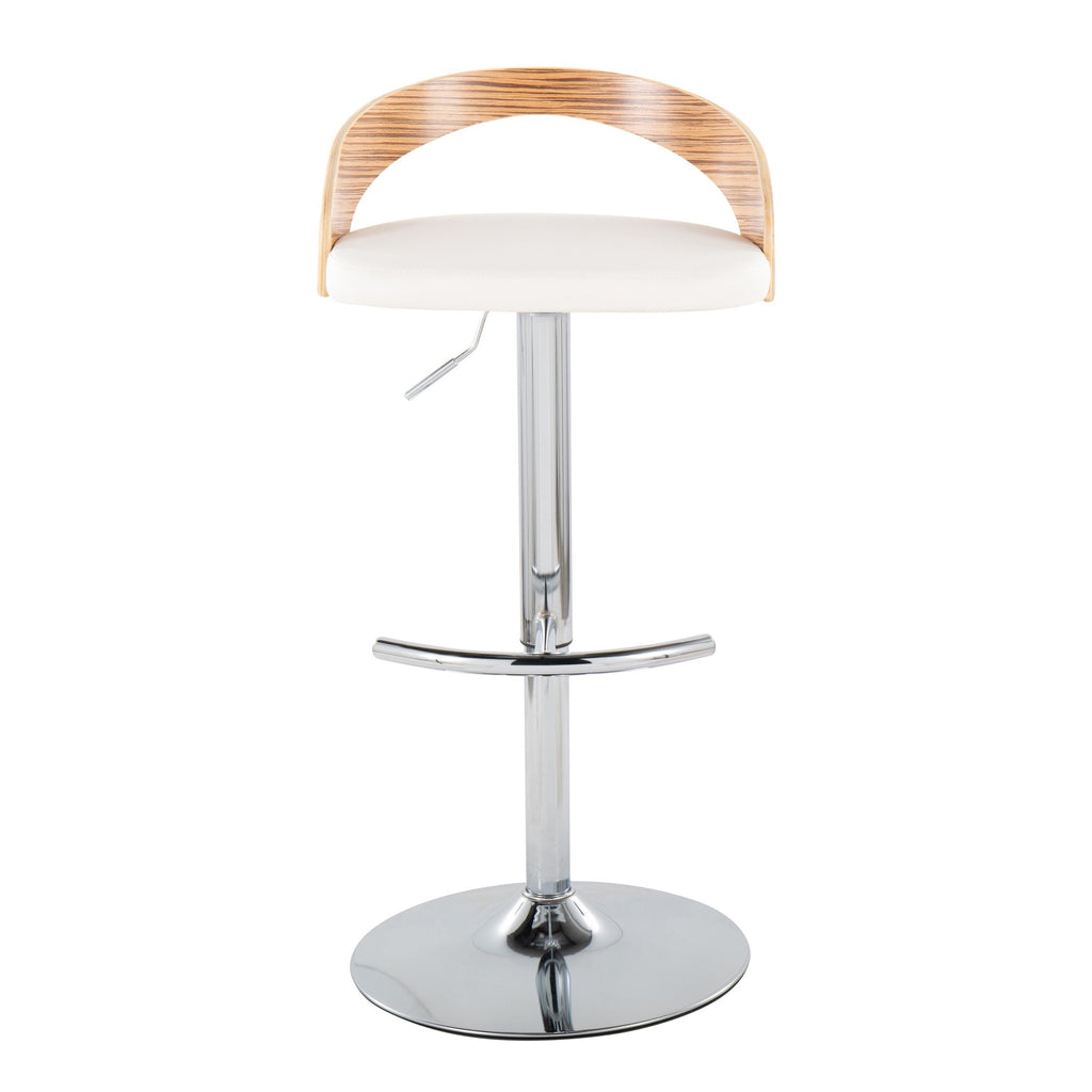 Grotto Adjustable Barstool - Set of 3 - Chrome Metal, Zebra Wood, White PU
