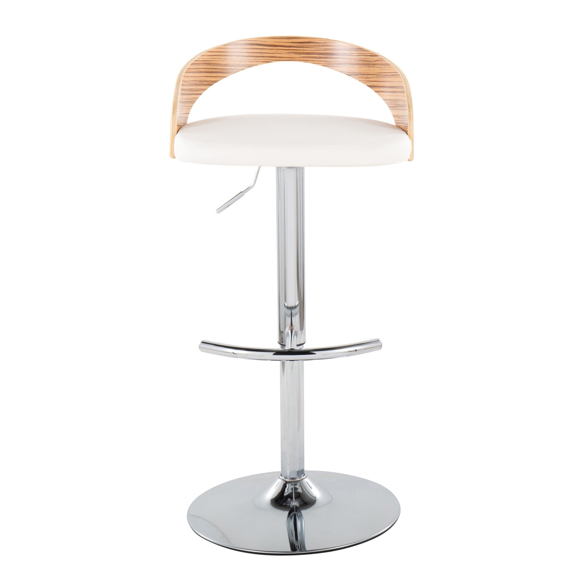 Grotto Adjustable Barstool - Set of 3 - Chrome Metal, Zebra Wood, White PU