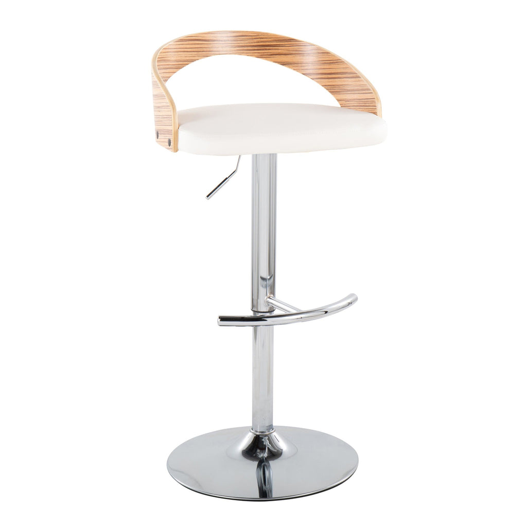 Grotto Adjustable Barstool - Set of 3 - Chrome Metal, Zebra Wood, White PU
