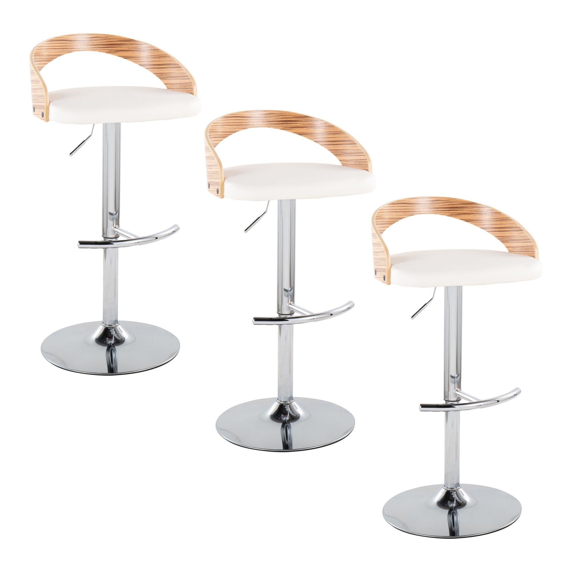 Grotto Adjustable Barstool - Set of 3 - Chrome Metal, Zebra Wood, White PU