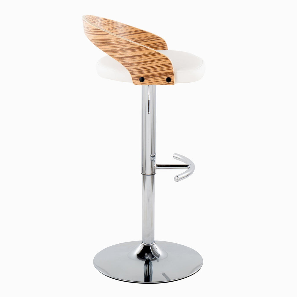 Grotto Adjustable Barstool - Set of 3 - Chrome Metal, Zebra Wood, White PU