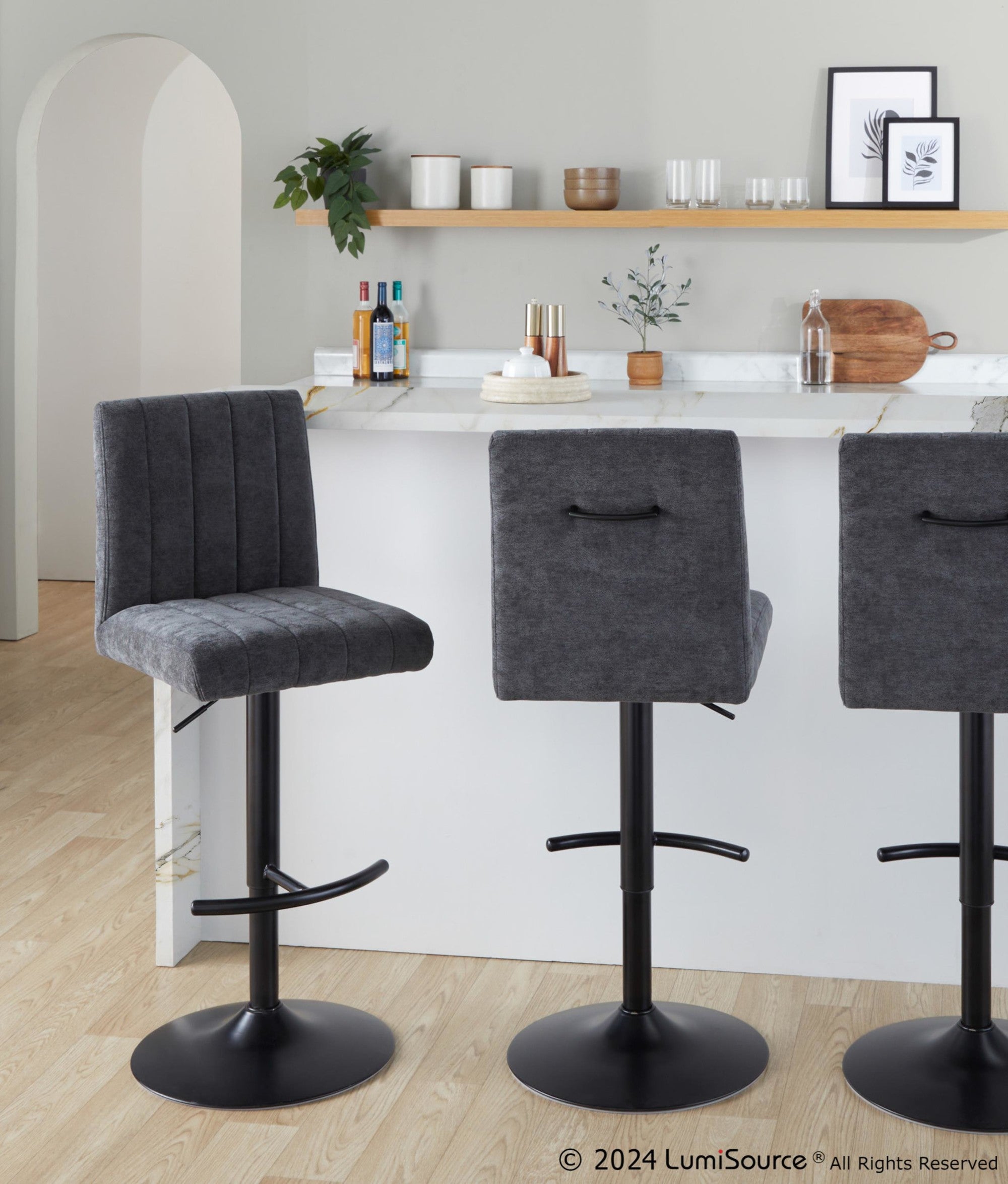 Hank Adjustable Barstool - Set of 2 - Black Metal, Black Fabric
