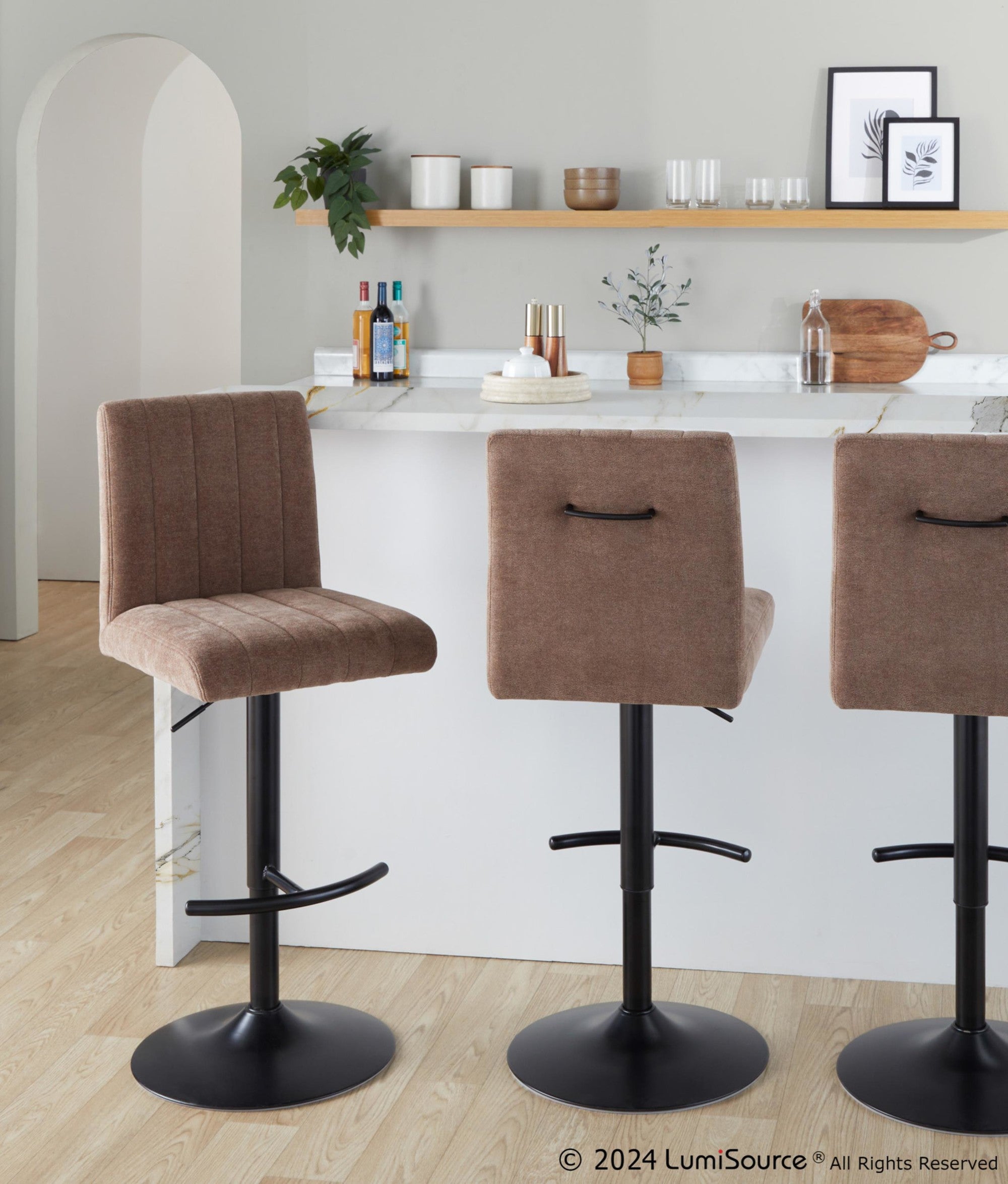 Hank Adjustable Barstool - Set of 2 - Black Metal, Brown Fabric