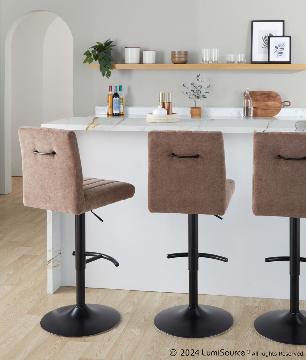 Hank Adjustable Barstool - Set of 2 - Black Metal, Brown Fabric