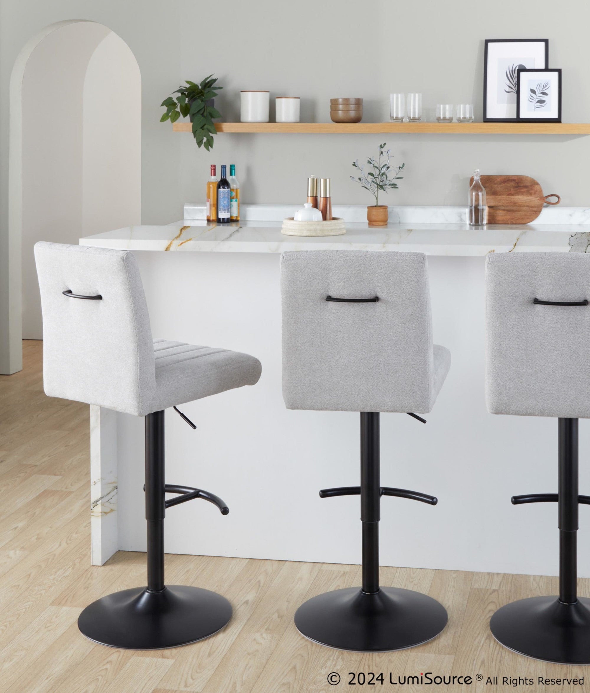 Hank Adjustable Barstool - Set of 2 - Black Metal, Light Grey Fabric