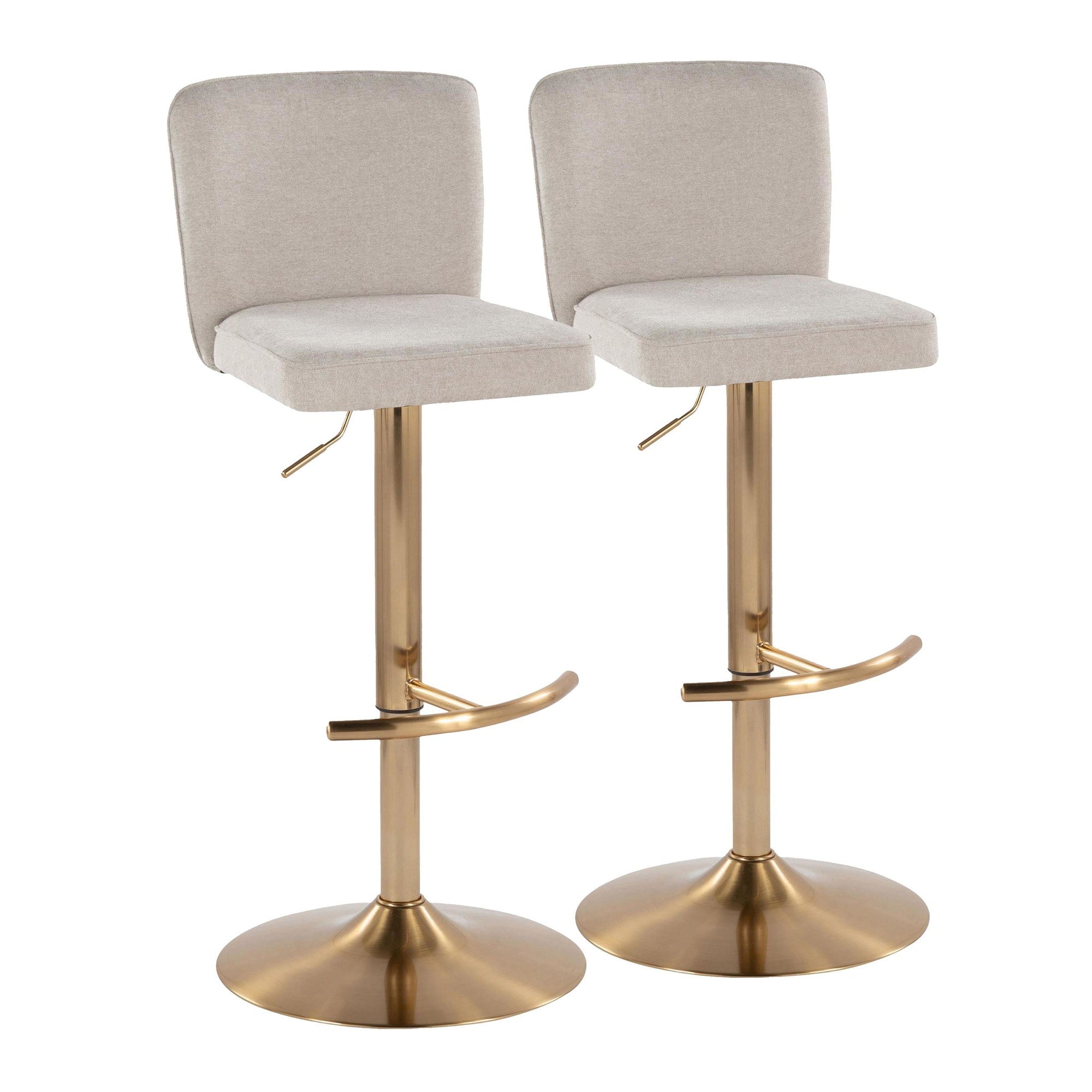 Henry Adjustable Barstool - Set of 2 - Gold Metal, Beige Fabric
