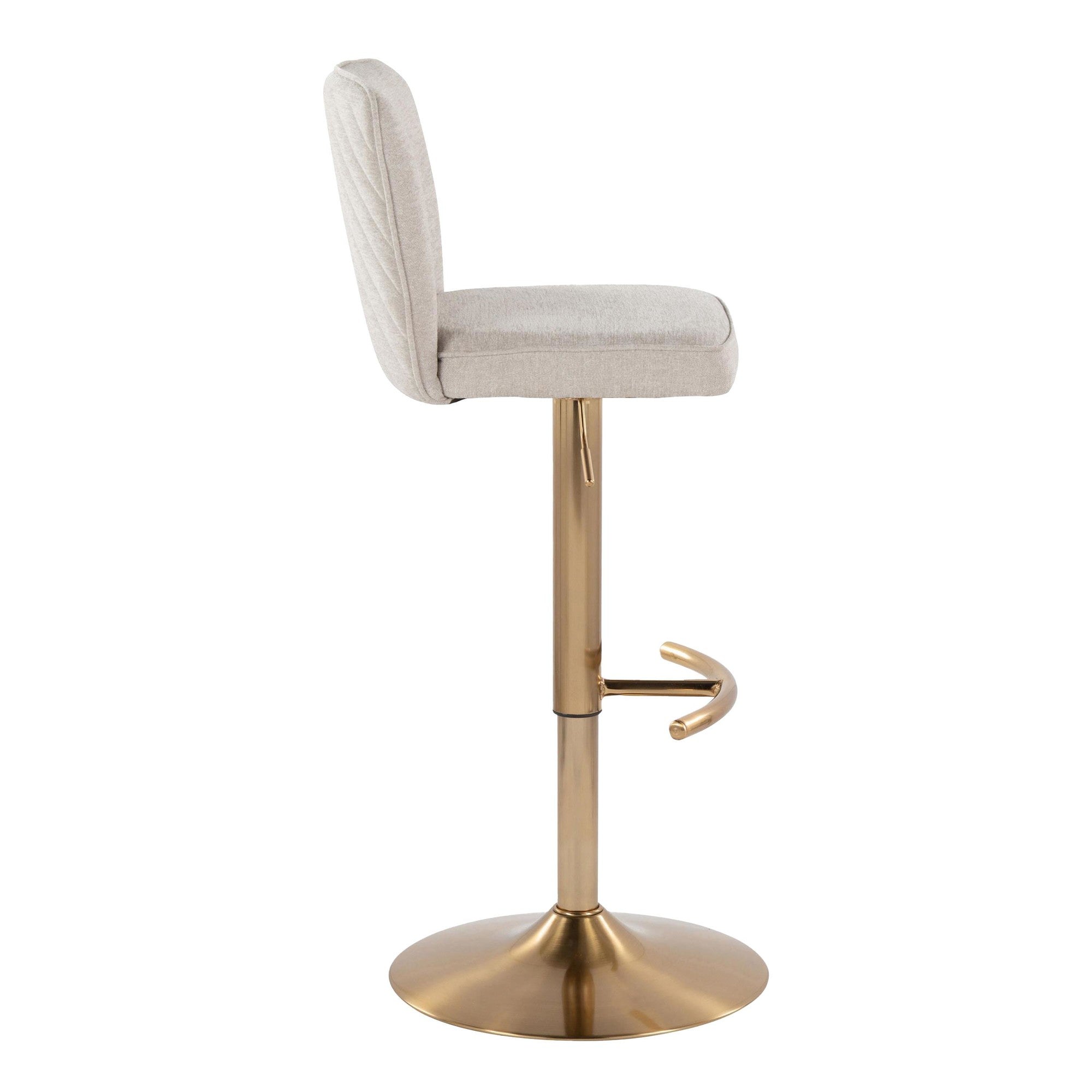 Henry Adjustable Barstool - Set of 2 - Gold Metal, Beige Fabric
