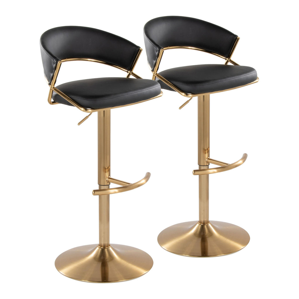 Jie Adjustable Barstool - Set of 2 - Gold Metal, Black PU