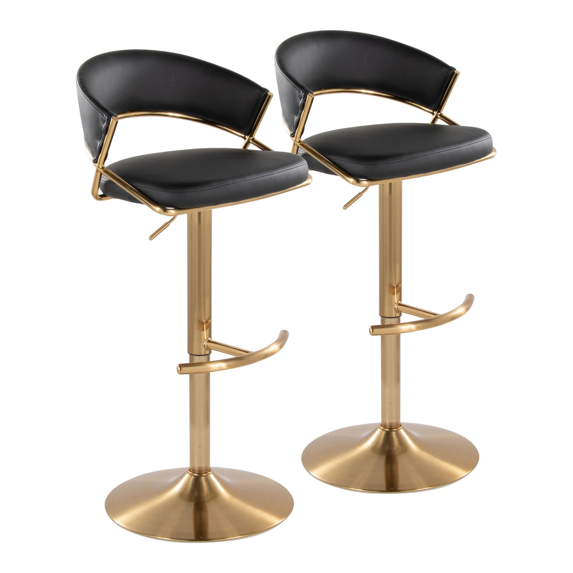Jie Adjustable Barstool - Set of 2 - Gold Metal, Black PU