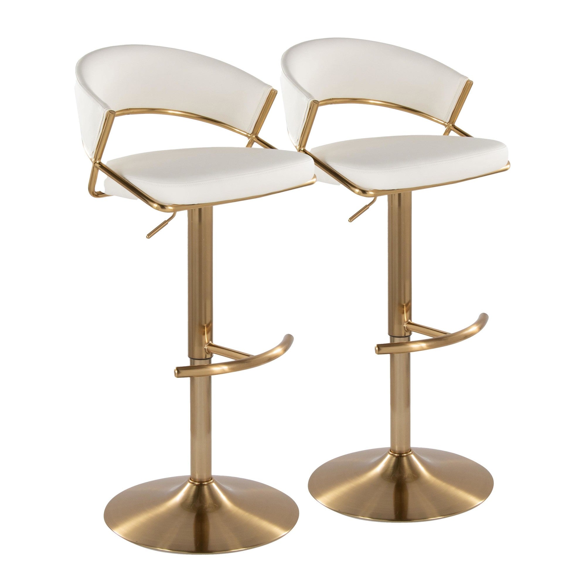 Jie Adjustable Barstool - Set of 2 - Gold Metal, White PU