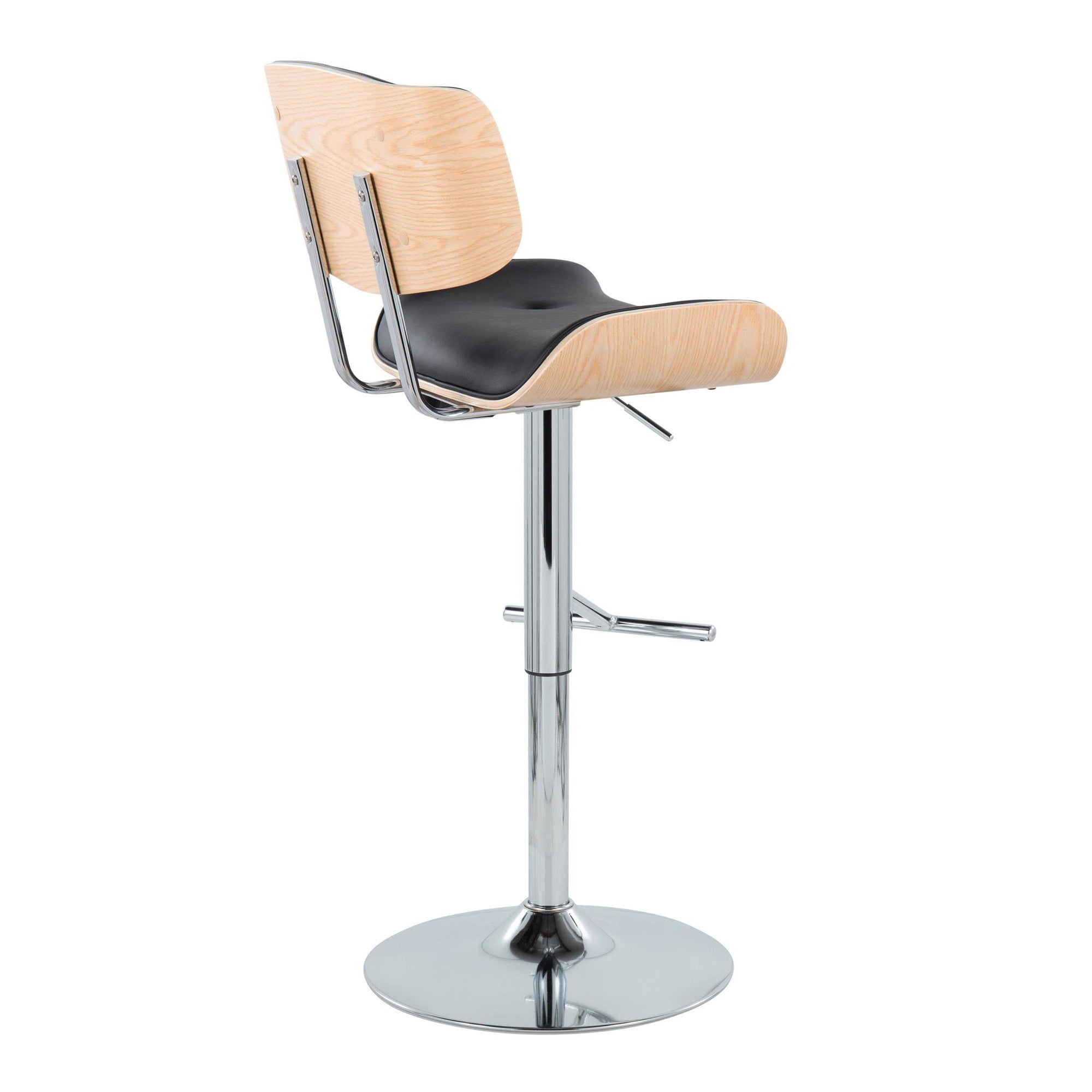 Lombardi Adjustable Barstool - Set of 2 - Chrome Metal, Natural Wood, Black PU