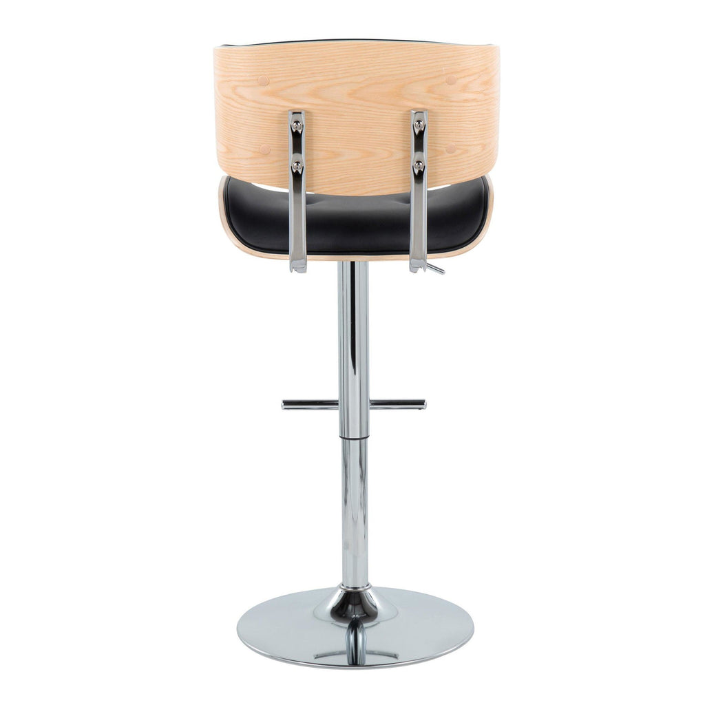 Lombardi Adjustable Barstool - Set of 2 - Chrome Metal, Natural Wood, Black PU