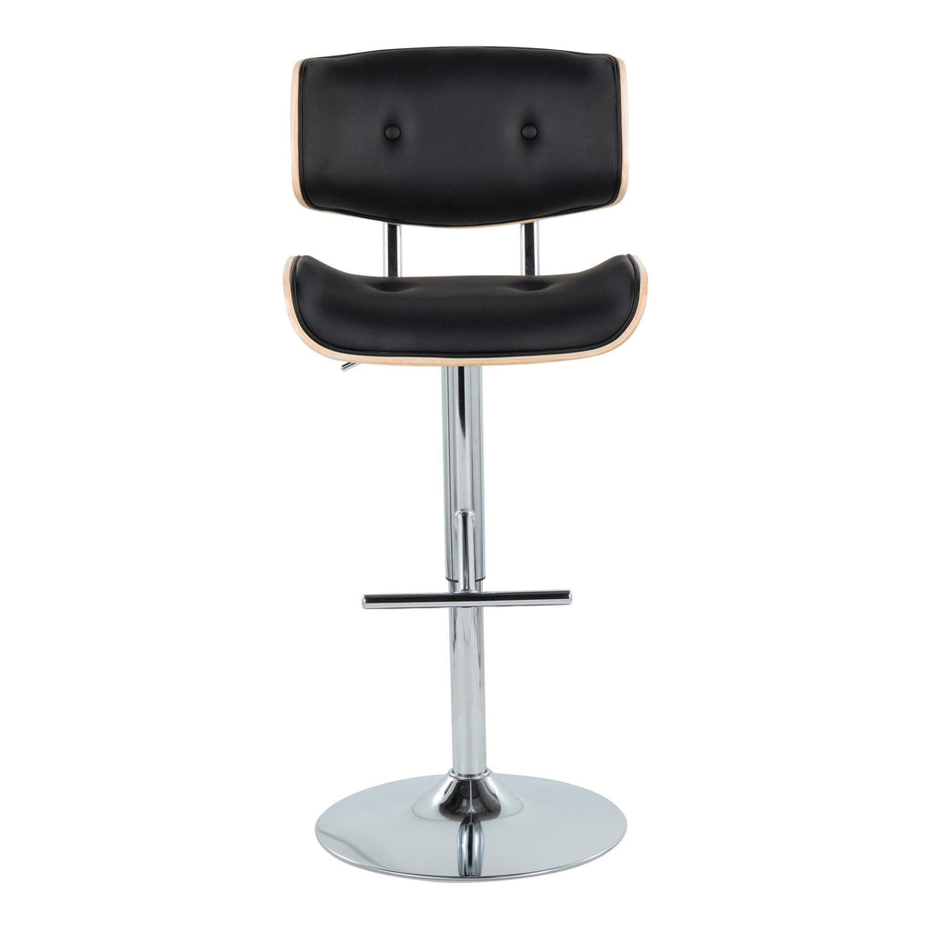 Lombardi Adjustable Barstool - Set of 2 - Chrome Metal, Natural Wood, Black PU
