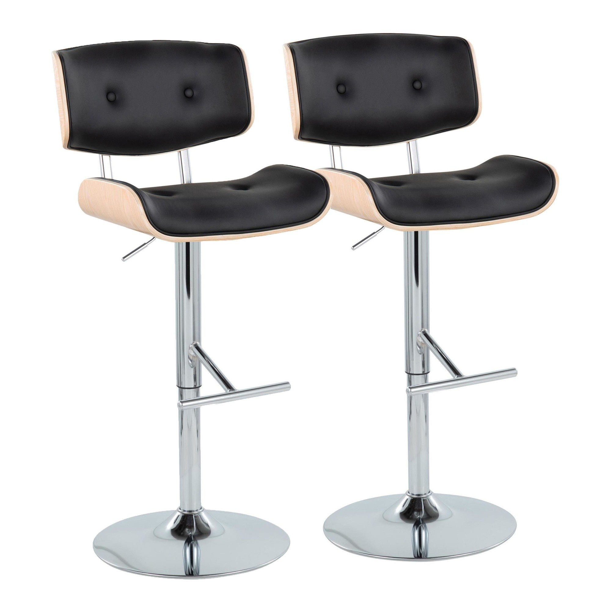 Lombardi Adjustable Barstool - Set of 2 - Chrome Metal, Natural Wood, Black PU