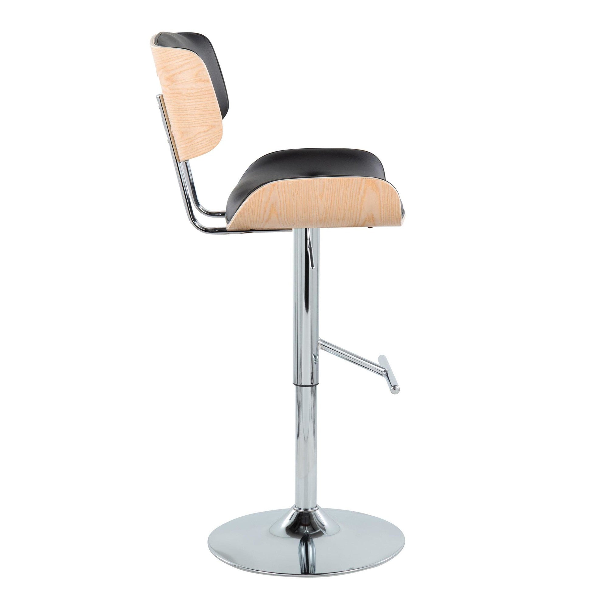 Lombardi Adjustable Barstool - Set of 2 - Chrome Metal, Natural Wood, Black PU