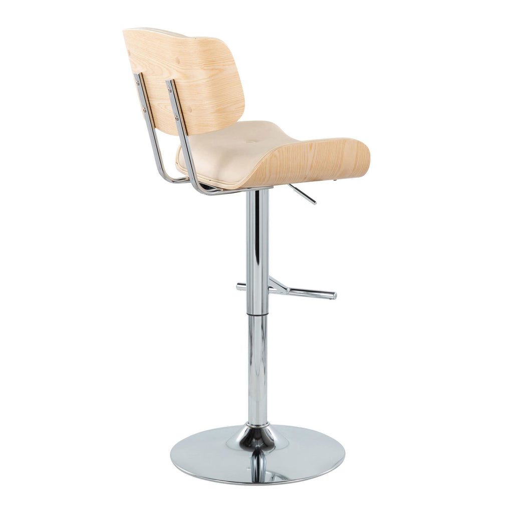 Lombardi Adjustable Barstool - Set of 2 - Chrome Metal, Natural Wood, Cream PU