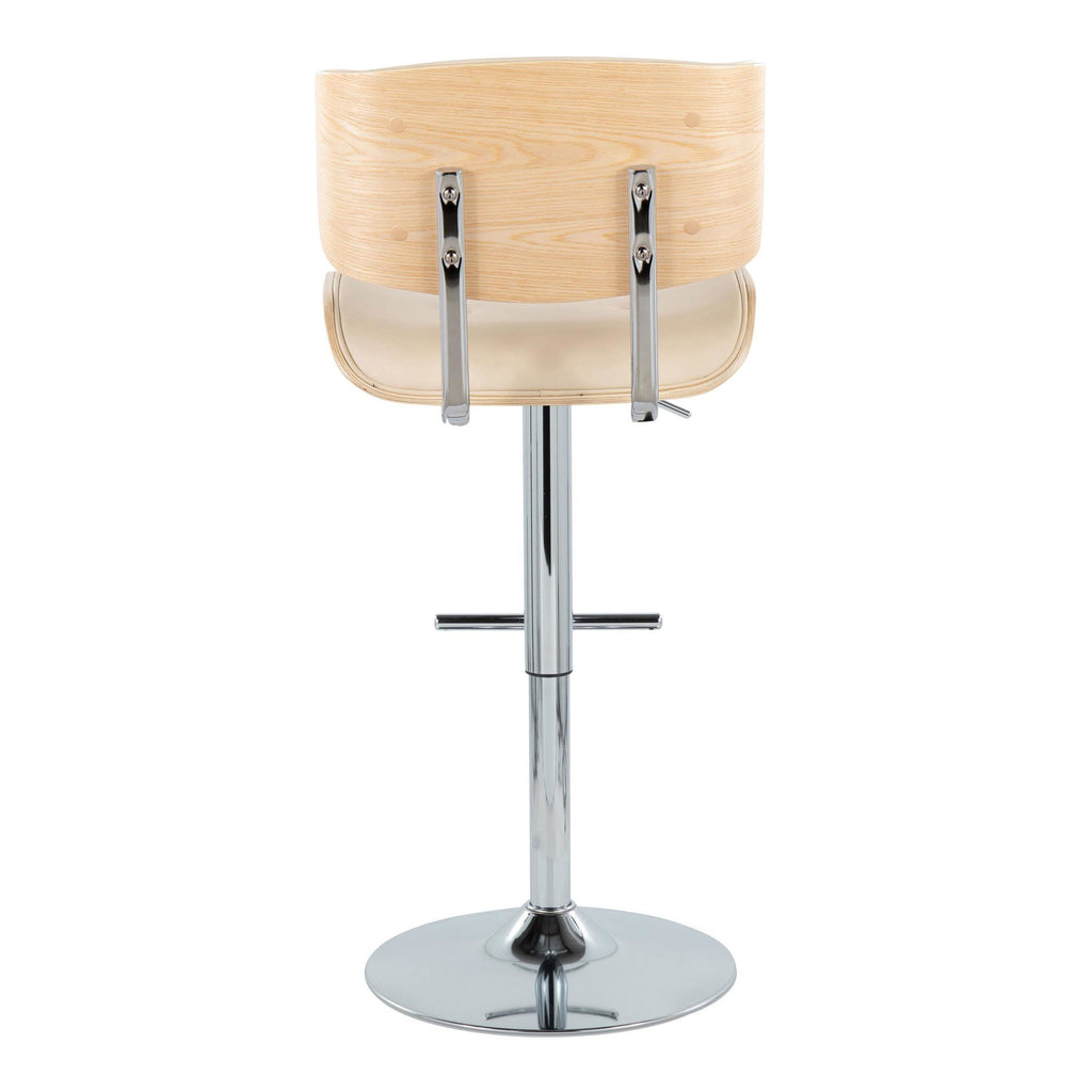 Lombardi Adjustable Barstool - Set of 2 - Chrome Metal, Natural Wood, Cream PU