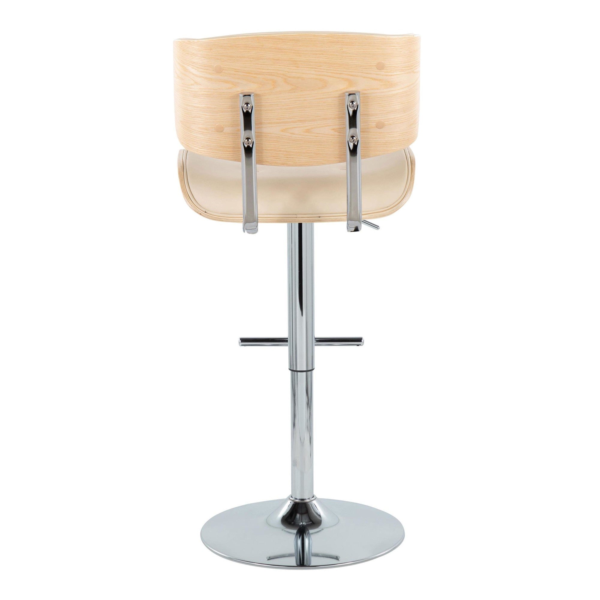 Lombardi Adjustable Barstool - Set of 2 - Chrome Metal, Natural Wood, Cream PU