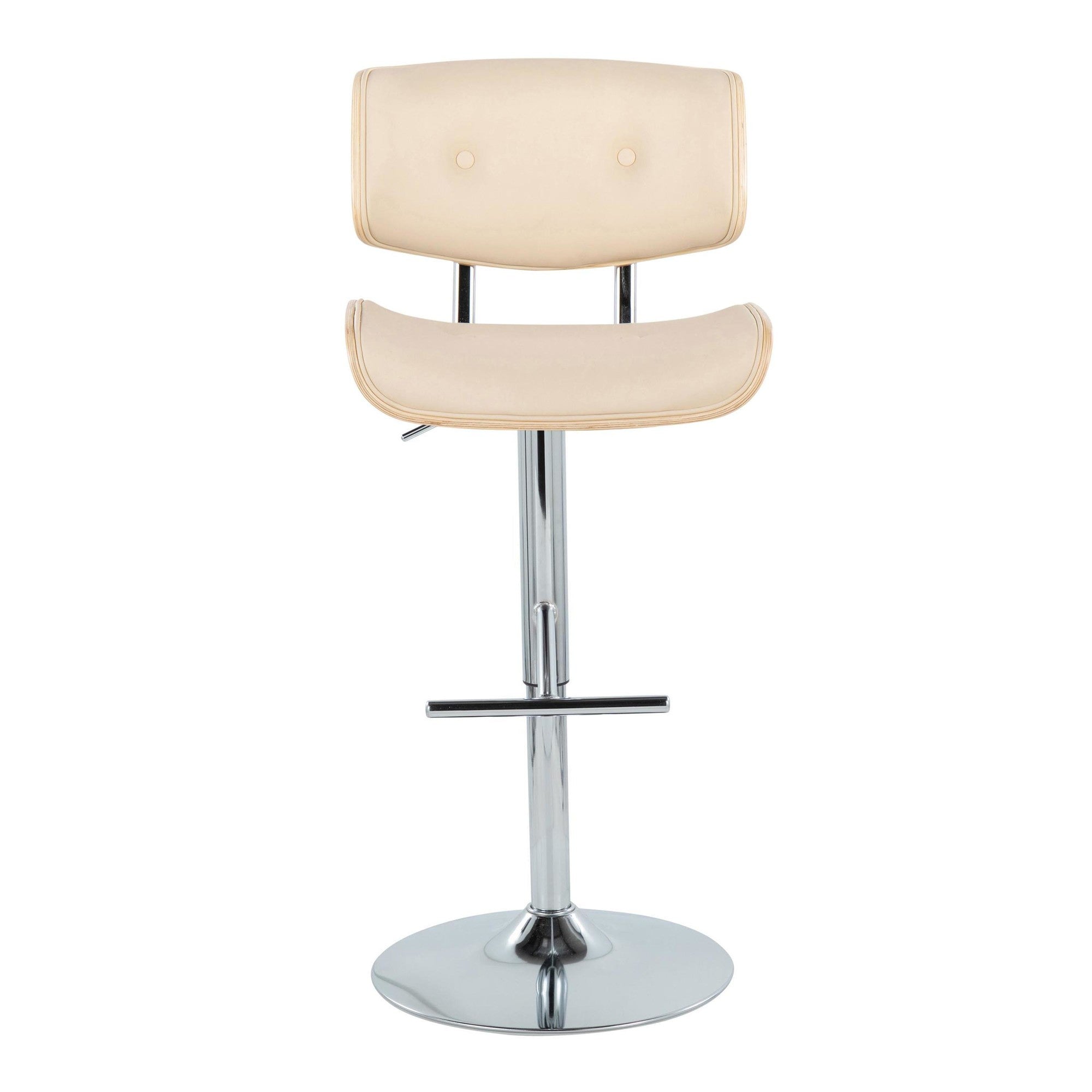 Lombardi Adjustable Barstool - Set of 2 - Chrome Metal, Natural Wood, Cream PU