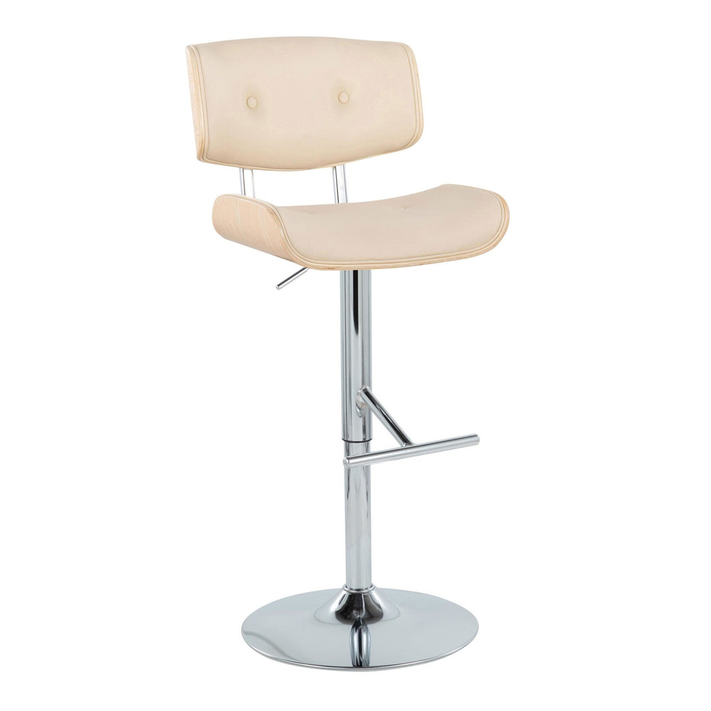 Lombardi Adjustable Barstool - Set of 2 - Chrome Metal, Natural Wood, Cream PU