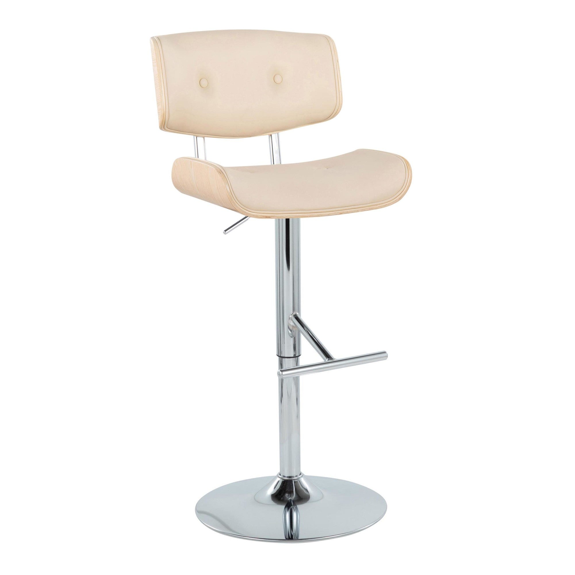 Lombardi Adjustable Barstool - Set of 2 - Chrome Metal, Natural Wood, Cream PU