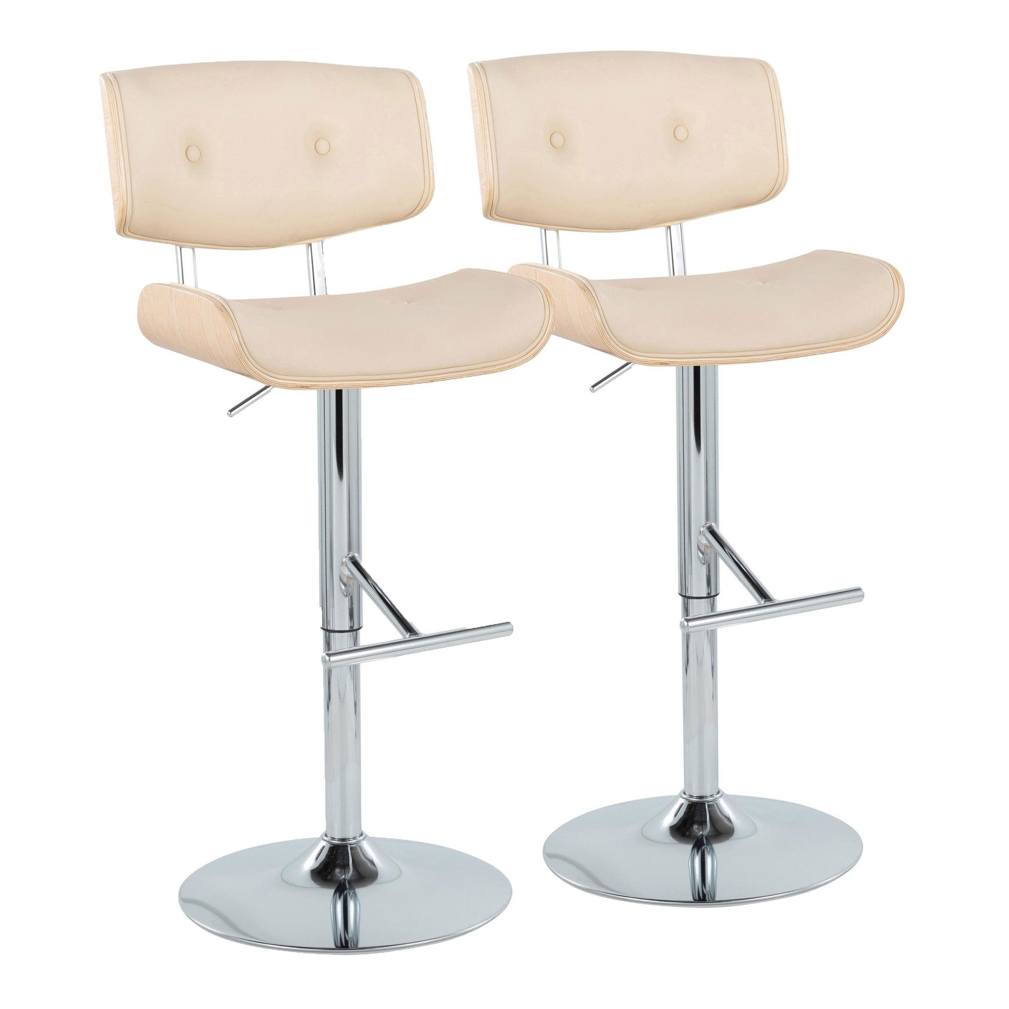Lombardi Adjustable Barstool - Set of 2 - Chrome Metal, Natural Wood, Cream PU