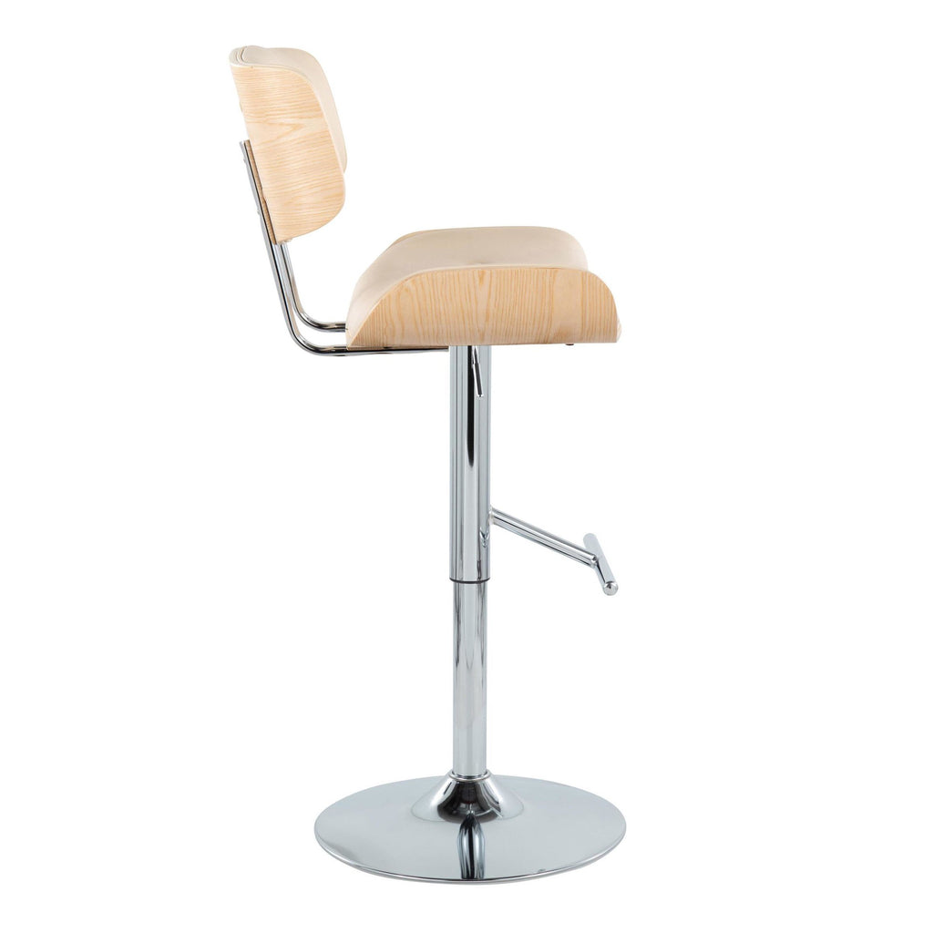 Lombardi Adjustable Barstool - Set of 2 - Chrome Metal, Natural Wood, Cream PU
