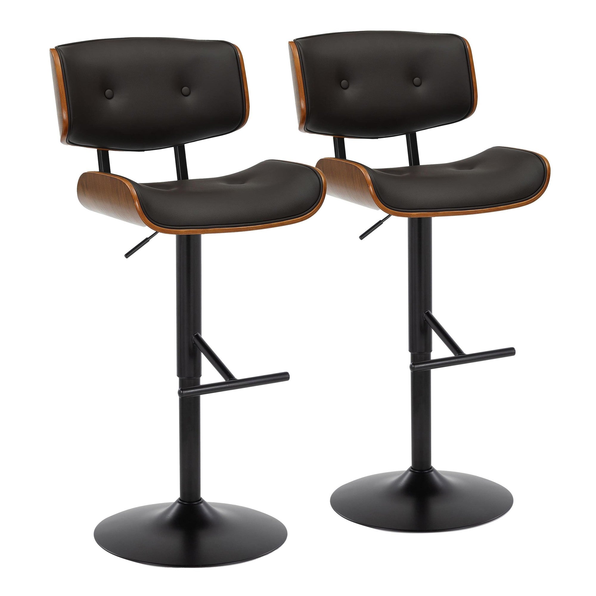 Lombardi Adjustable Barstool - Set of 2 - Black Metal, Walnut Wood, Espresso PU
