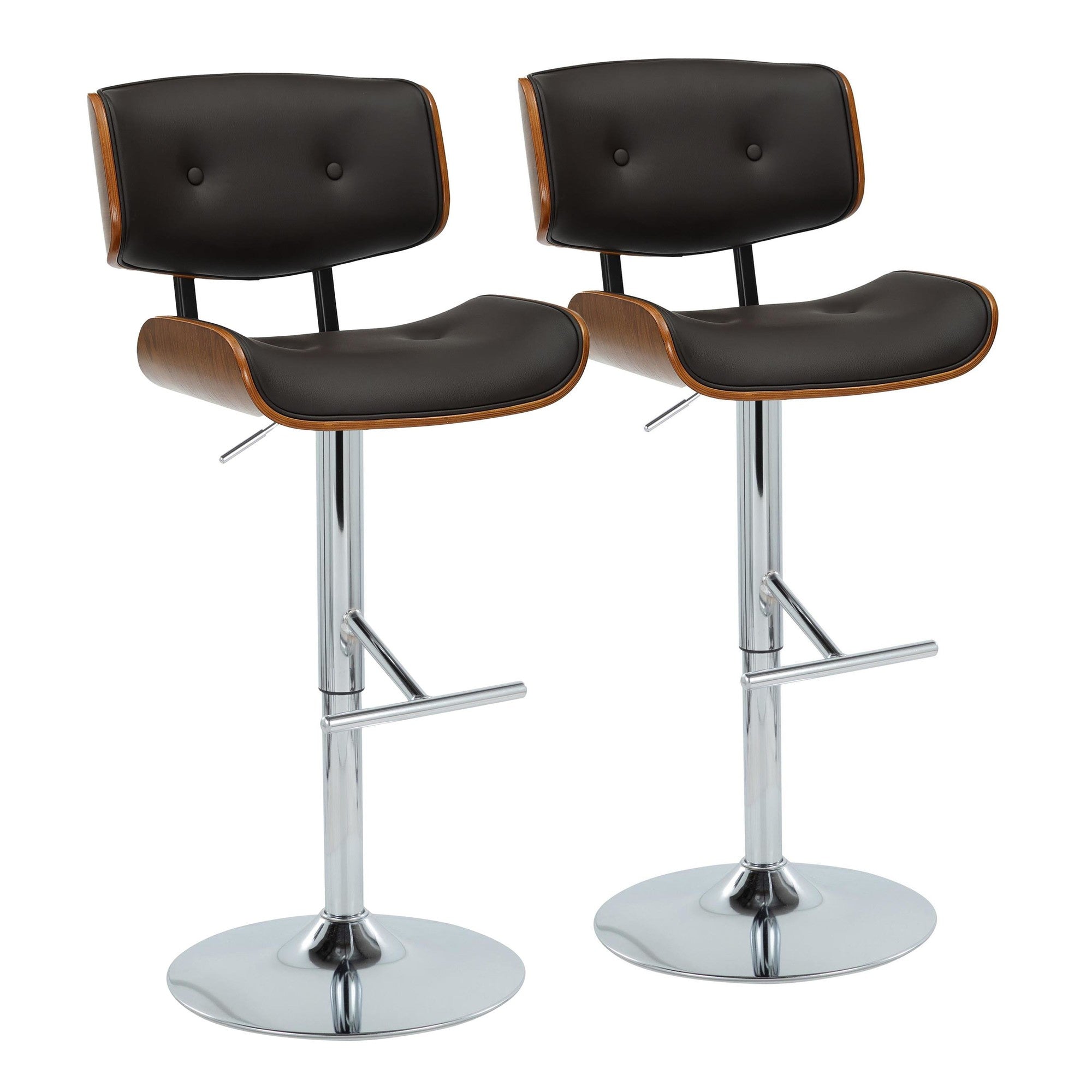 Lombardi Adjustable Barstool - Set of 2 - Chrome Metal, Walnut Wood, Espresso PU