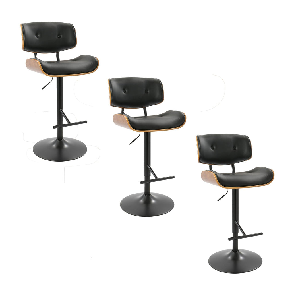 Lombardi Adjustable Barstool - Set of 3 - Black Metal, Walnut Wood, Black PU