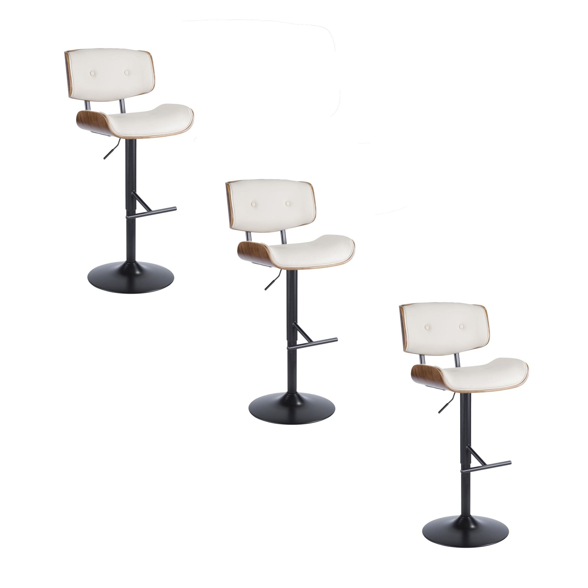 Lombardi Adjustable Barstool - Set of 3 - Black Metal, Walnut Wood, Cream PU
