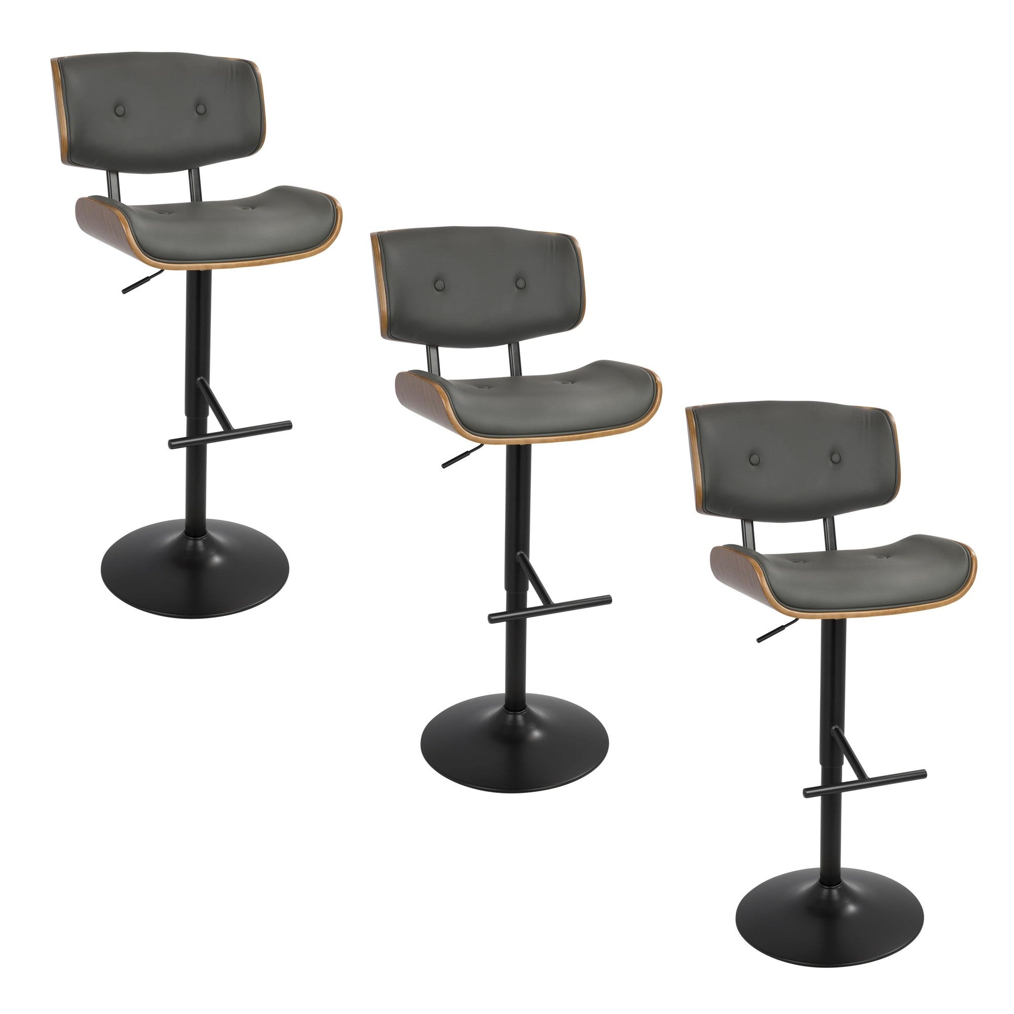 Lombardi Adjustable Barstool - Set of 3 - Black Metal, Walnut Wood, Grey PU