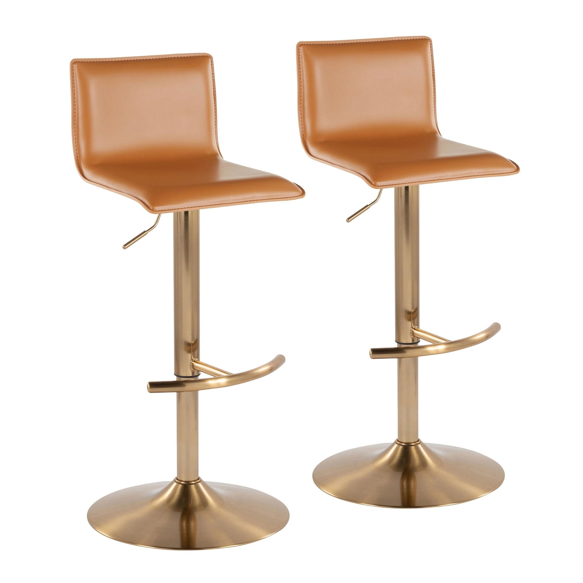 Mara Adjustable Barstool - Set of 2 - Gold Metal, Camel PU