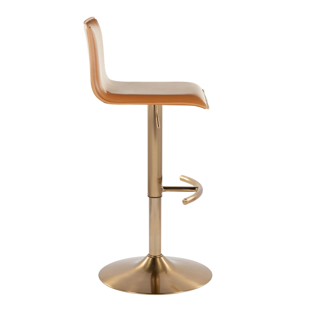 Mara Adjustable Barstool - Set of 2 - Gold Metal, Camel PU