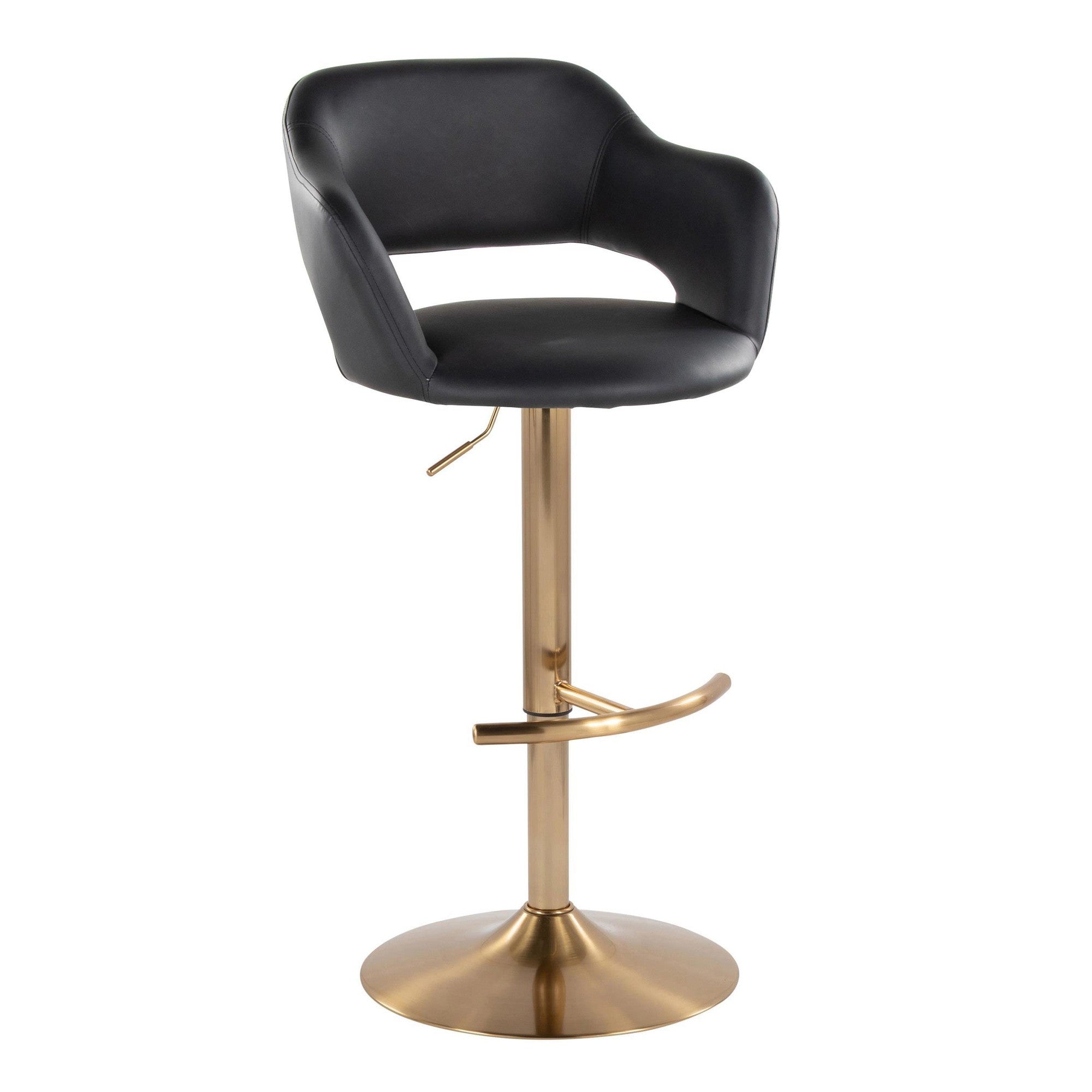 Margarite Adjustable Barstool - Set of 2 - Gold Metal, Black Pu