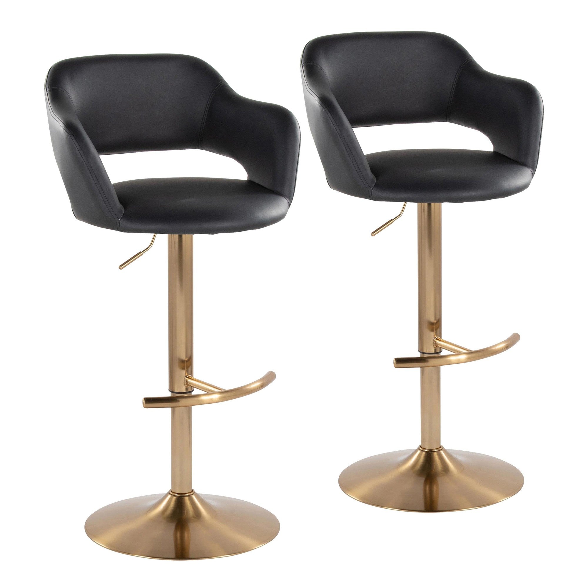 Margarite Adjustable Barstool - Set of 2 - Gold Metal, Black Pu