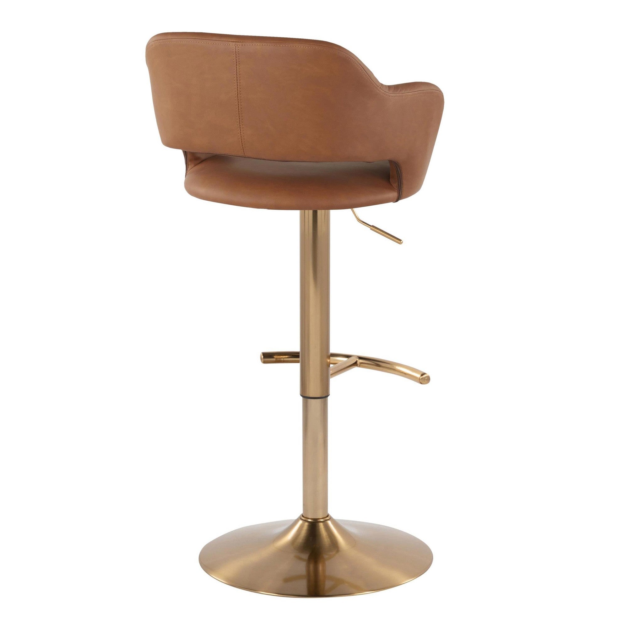 Margarite Adjustable Barstool - Set of 2 - Gold Metal, Brown Pu