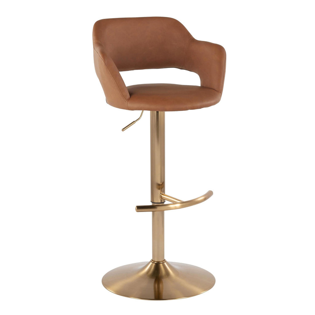 Margarite Adjustable Barstool - Set of 2 - Gold Metal, Brown Pu