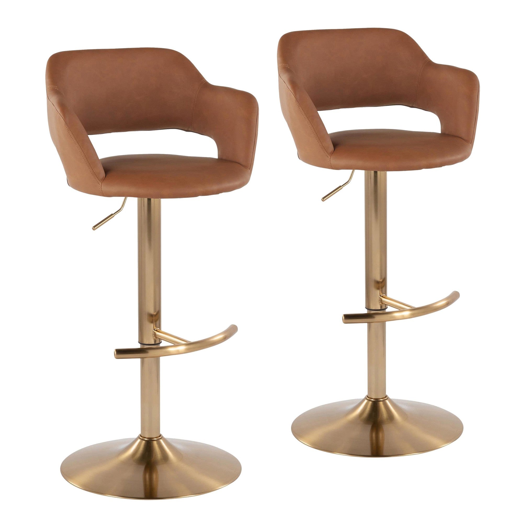 Margarite Adjustable Barstool - Set of 2 - Gold Metal, Brown Pu