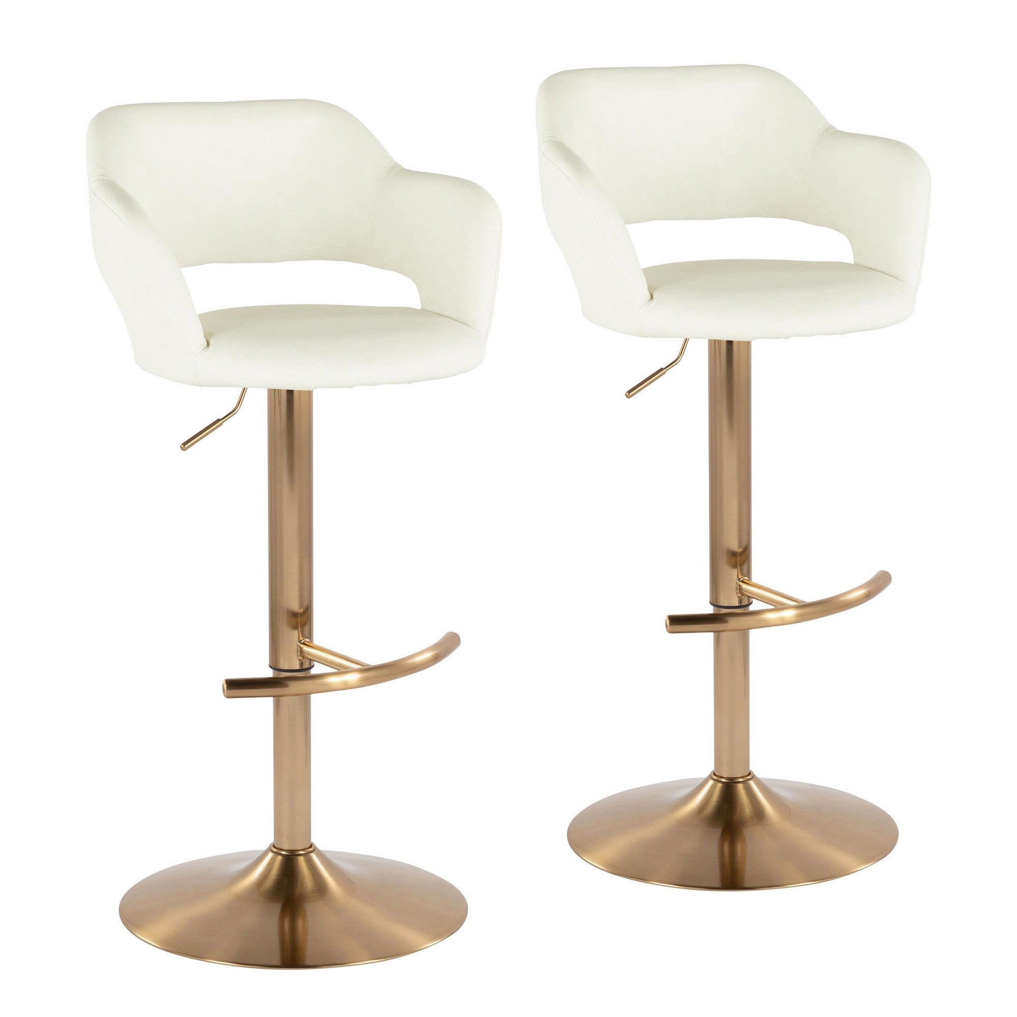 Margarite Adjustable Barstool - Set of 2 - Gold Metal, Cream Pu