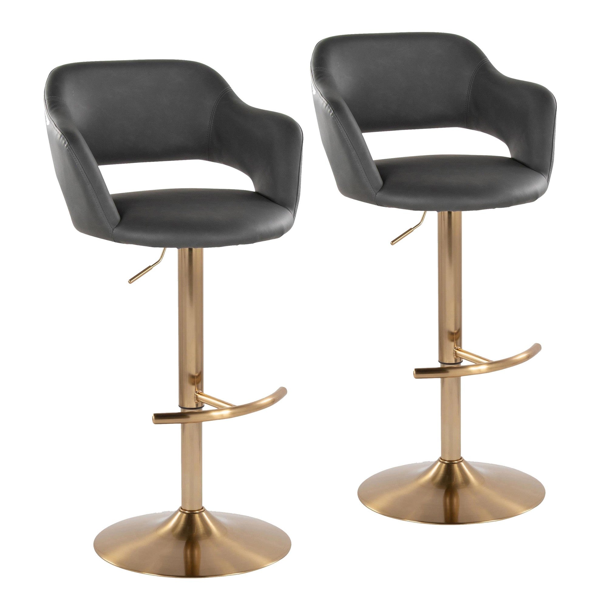 Margarite Adjustable Barstool - Set of 2 - Gold Metal, Grey Pu