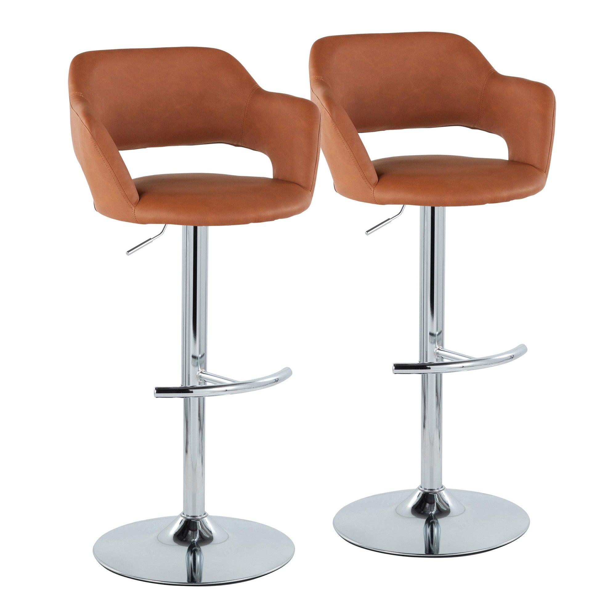 Margarite Adjustable Barstool - Set of 2 - Chrome Metal, Brown PU