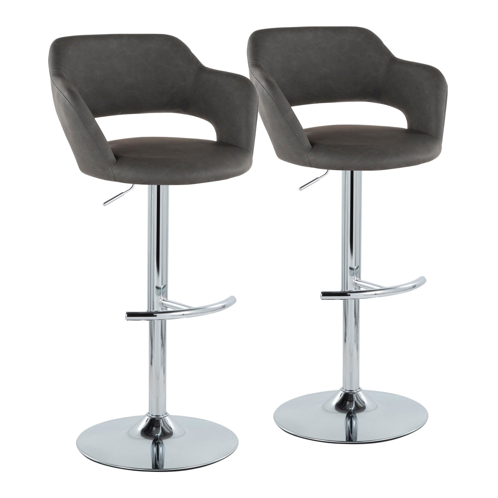 Margarite Adjustable Barstool - Set of 2 - Chrome Metal, Grey PU