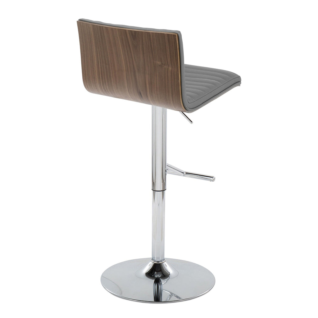 Mason Adjustable Barstool - Set of 2 - Chrome Metal, Walnut Wood, Grey PU