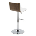 Mason Adjustable Barstool - Set of 2 - Chrome Metal, Walnut Wood, White PU
