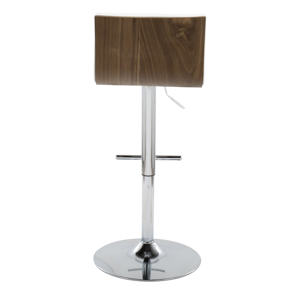 Mason Adjustable Barstool - Set of 2 - Chrome Metal, Walnut Wood, White PU