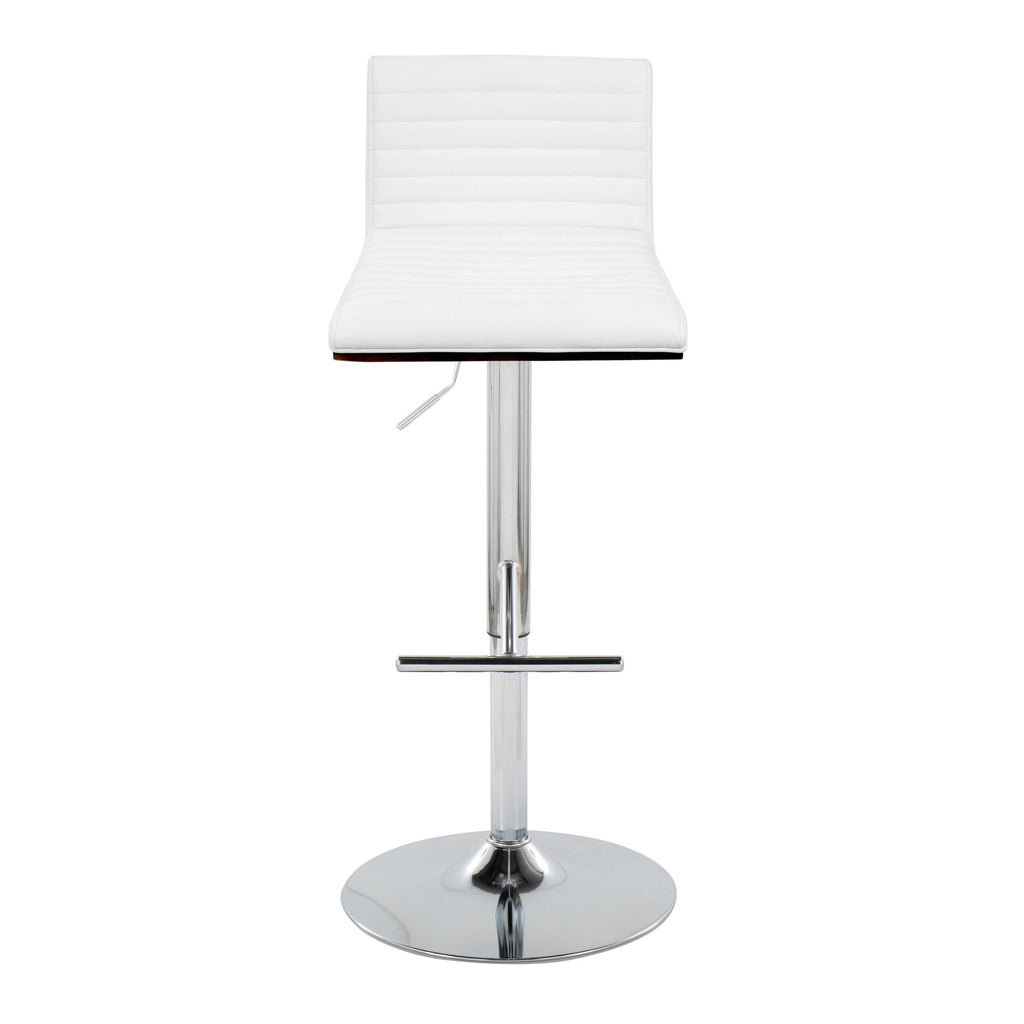 Mason Adjustable Barstool - Set of 2 - Chrome Metal, Walnut Wood, White PU