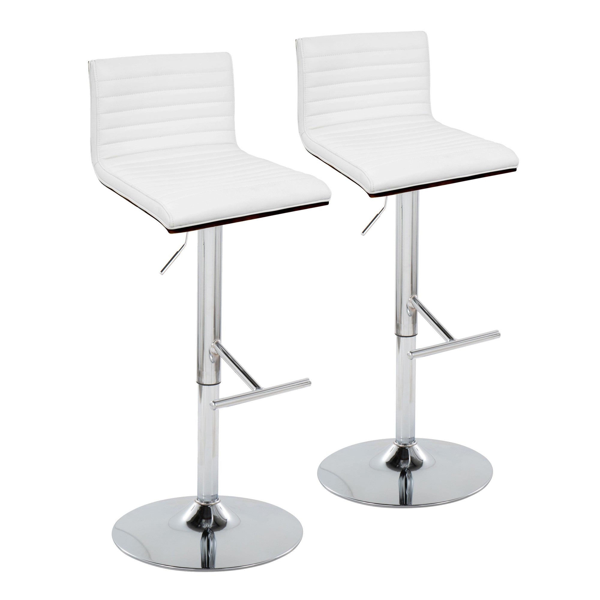 Mason Adjustable Barstool - Set of 2 - Chrome Metal, Walnut Wood, White PU