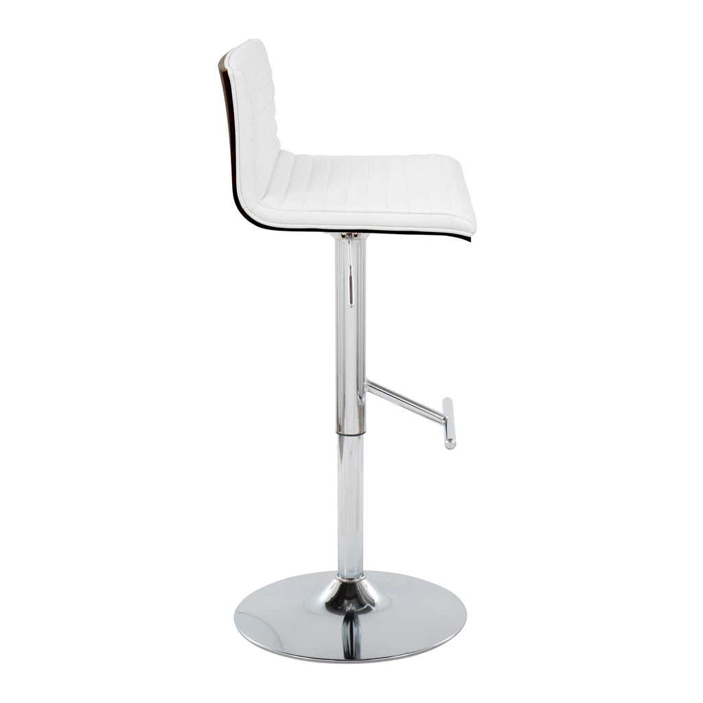 Mason Adjustable Barstool - Set of 2 - Chrome Metal, Walnut Wood, White PU